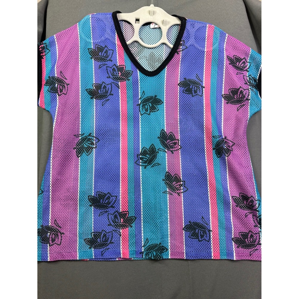Vintage Julie Girl Mesh Butterfly Stripe V-Neck‎ Top Made in USA Retro 90s Teal